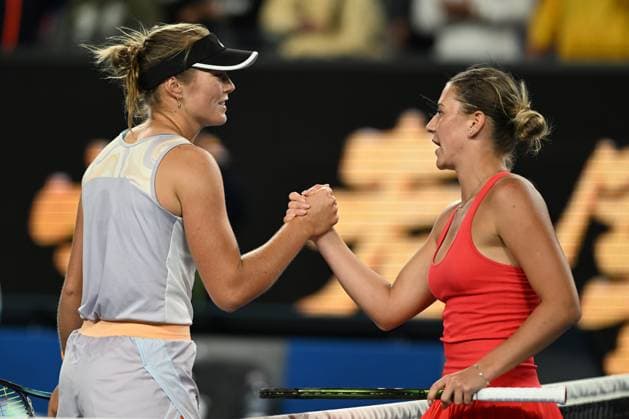 TENNIS AUSTRALIAN OPEN, Marta Kostyuk of Ukraine (R) celebrates after winning her match against Olivia Gadecki of Australia (L) during the 2023 Australian Open tennis tournament at Melbourne Park in Melbourne, Wednesday, January 18, 2023. ( NO ARCHIVING, EDITORIAL USE ONLY, NO USE IN BOOKS WITHOUT CONSENT MELBOURNE VICTORIA AUSTRALIA  Copyright: xLUKASxCOCHx 20230118001753858548