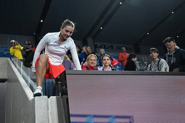 TENNIS AUSTRALIAN OPEN, Marta Kostyuk of Ukraine jumps into her player?s box after winning her match against Olivia Gadecki of Australia during the 2023 Australian Open tennis tournament at Melbourne Park in Melbourne, Wednesday, January 18, 2023. ( NO ARCHIVING, EDITORIAL USE ONLY, NO USE IN BOOKS WITHOUT CONSENT MELBOURNE VICTORIA AUSTRALIA  Copyright: xLUKASxCOCHx 20230118001753860816