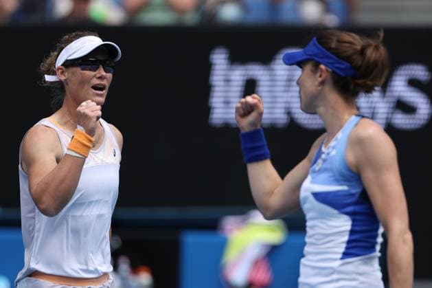 TENNIS AUSTRALIAN OPEN, Sam Stosur (left) of Australia reacts during her women?s doubles match with Alize Cornet of France against Hao-Ching Chan of Taipei and Zhaoxuan Yang of China during the 2023 Australian Open tennis tournament at Melbourne Park in Melbourne, Thursday, January 19, 2023. ( NO ARCHIVING, EDITORIAL USE ONLY, NO USE IN BOOKS WITHOUT CONSENT MELBOURNE VICTORIA AUSTRALIA  Copyright: xDIEGOxFEDELEx 20230119001754111705