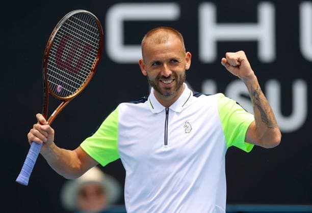 Mandatory Credit: Photo by Ella Ling Shutterstock (13716767b) Dan Evans of GBR celebrates Australian Open, Day Four, Tennis, Melbourne Park, Melbourne, Australia - 19 Jan 2023 Australian Open, Day Four, Tennis, Melbourne Park, Melbourne, Australia - 19 Jan 2023 Copyright: xEllaxLing Shutterstockx 13716767b