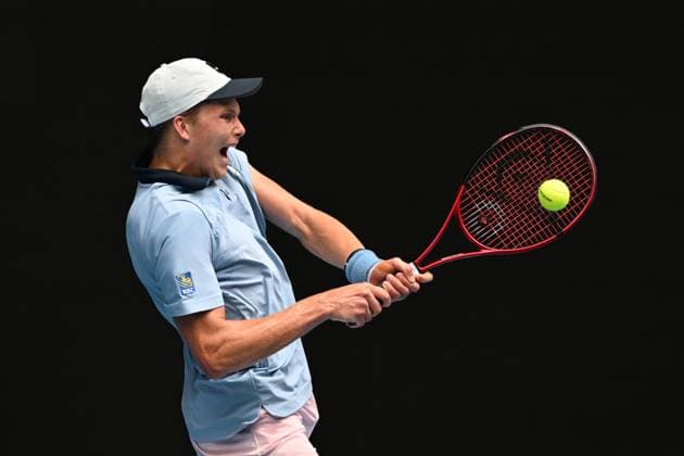 TENNIS AUSTRALIAN OPEN, Jenson Brooksby of the USA in action against Casper Ruud of Norway during the 2023 Australian Open tennis tournament at Melbourne Park in Melbourne, Thursday, January 19, 2023. ( NO ARCHIVING, EDITORIAL USE ONLY, NO USE IN BOOKS WITHOUT CONSENT MELBOURNE VICTORIA AUSTRALIA  Copyright: xLUKASxCOCHx 20230119001754137707