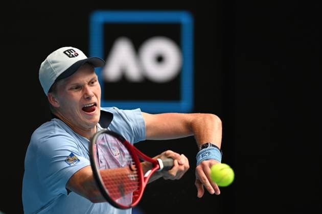 TENNIS AUSTRALIAN OPEN, Jenson Brooksby of the USA in action against Casper Ruud of Norway during the 2023 Australian Open tennis tournament at Melbourne Park in Melbourne, Thursday, January 19, 2023. ( NO ARCHIVING, EDITORIAL USE ONLY, NO USE IN BOOKS WITHOUT CONSENT MELBOURNE VICTORIA AUSTRALIA  Copyright: xLUKASxCOCHx 20230119001754147429