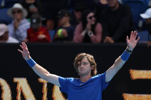 TENNIS AUSTRALIAN OPEN, Audrey Rublev celebrates match point against Emil Ruusuvuori of Finland during the 2023 Australian Open tennis tournament at Melbourne Park in Melbourne, Thursday, January 19, 2023. ( NO ARCHIVING, EDITORIAL USE ONLY, NO USE IN BOOKS WITHOUT CONSENT MELBOURNE VICTORIA AUSTRALIA  Copyright: xDIEGOxFEDELEx 20230119001754174554