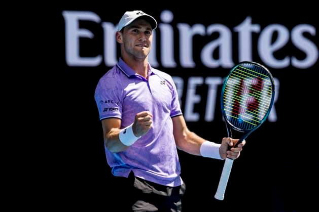 MELBOURNE, VIC - JANUARY 19: Casper Ruud of Norway celebrates during Round 2 of the 2023 Australian Open on January 19 2023, at Melbourne Park in Melbourne, Australia. (Photo by Jason Heidrich Icon Sportswire) TENNIS: JAN 19 Australian Open Icon220119130