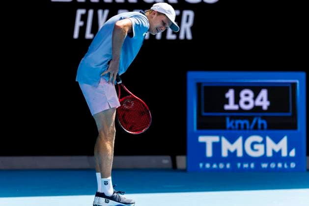 MELBOURNE, VIC - JANUARY 19: Jenson Brooksby of the United States of America shows his frustration during Round 2 of the 2023 Australian Open on January 19 2023, at Melbourne Park in Melbourne, Australia. (Photo by Jason Heidrich Icon Sportswire) TENNIS: JAN 19 Australian Open Icon220119144