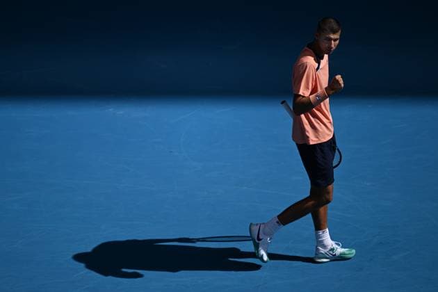 TENNIS AUSTRALIAN OPEN, Alexei Popyrin of Australia reacts during his match against Taylor Fritz of the USA at the 2023 Australian Open tennis tournament at Melbourne Park in Melbourne, Thursday, January 19, 2023. ( NO ARCHIVING, EDITORIAL USE ONLY, NO USE IN BOOKS WITHOUT CONSENT MELBOURNE VICTORIA AUSTRALIA  Copyright: xJAMESxROSSx 20230119001754179877