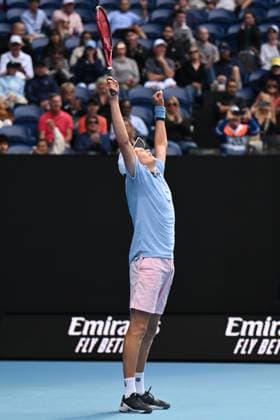 TENNIS AUSTRALIAN OPEN, Jenson Brooksby of the USA celebrates match point against Casper Ruud of Norway during the 2023 Australian Open tennis tournament at Melbourne Park in Melbourne, Thursday, January 19, 2023. ( NO ARCHIVING, EDITORIAL USE ONLY, NO USE IN BOOKS WITHOUT CONSENT MELBOURNE VICTORIA AUSTRALIA  Copyright: xLUKASxCOCHx 20230119001754189225