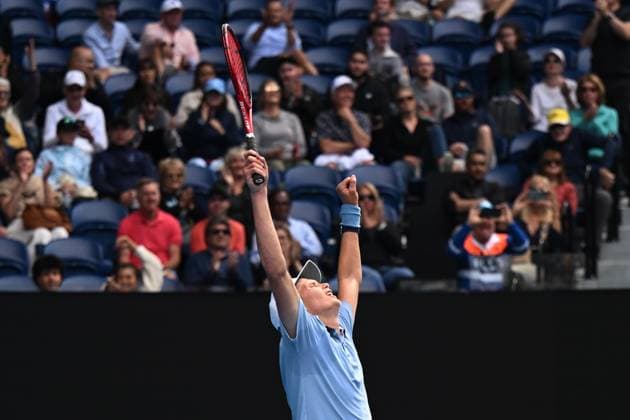 TENNIS AUSTRALIAN OPEN, Jenson Brooksby of the USA celebrates match point against Casper Ruud of Norway during the 2023 Australian Open tennis tournament at Melbourne Park in Melbourne, Thursday, January 19, 2023. ( NO ARCHIVING, EDITORIAL USE ONLY, NO USE IN BOOKS WITHOUT CONSENT MELBOURNE VICTORIA AUSTRALIA  Copyright: xLUKASxCOCHx 20230119001754189338