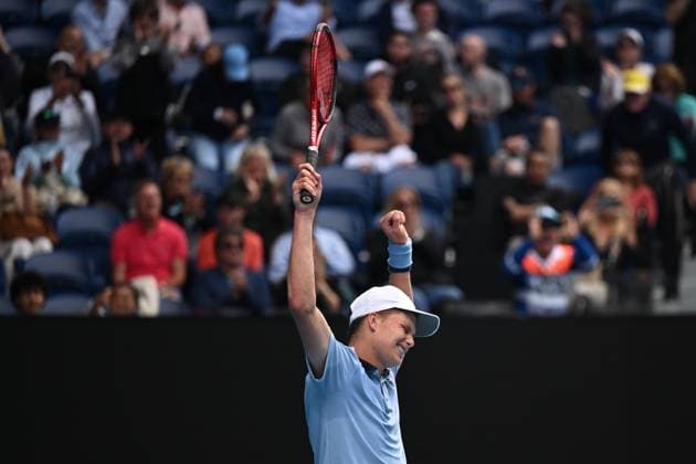 TENNIS AUSTRALIAN OPEN, Jenson Brooksby of the USA celebrates match point against Casper Ruud of Norway during the 2023 Australian Open tennis tournament at Melbourne Park in Melbourne, Thursday, January 19, 2023. ( NO ARCHIVING, EDITORIAL USE ONLY, NO USE IN BOOKS WITHOUT CONSENT MELBOURNE VICTORIA AUSTRALIA  Copyright: xLUKASxCOCHx 20230119001754189495