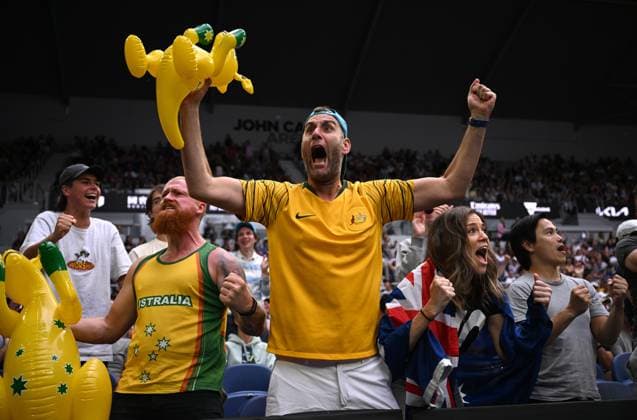 TENNIS AUSTRALIAN OPEN, Australian fans react during the match between Alexei Popyrin of Australia and Taylor Fritz of the USA at the 2023 Australian Open tennis tournament at Melbourne Park in Melbourne, Thursday, January 19, 2023. ( NO ARCHIVING, EDITORIAL USE ONLY, NO USE IN BOOKS WITHOUT CONSENT MELBOURNE VICTORIA AUSTRALIA  Copyright: xJAMESxROSSx 20230119001754216029