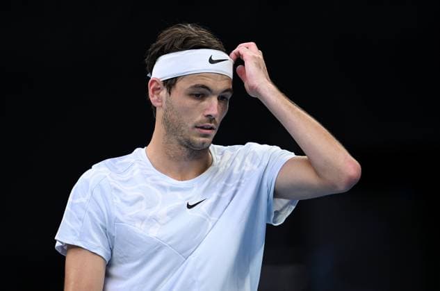 TENNIS AUSTRALIAN OPEN, Taylor Fritz of the USA reacts during his second round match agaimst Alexei Popyrin of Australia at the 2023 Australian Open tennis tournament at Melbourne Park in Melbourne, Thursday, January 19, 2023. ( NO ARCHIVING, EDITORIAL USE ONLY, NO USE IN BOOKS WITHOUT CONSENT MELBOURNE VICTORIA AUSTRALIA  Copyright: xJAMESxROSSx 20230119001754222679