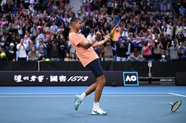 TENNIS AUSTRALIAN OPEN, Alexei Popyrin of Australia reacts after winning his second round match against Taylor Fritz of the USA at the 2023 Australian Open tennis tournament at Melbourne Park in Melbourne, Thursday, January 19, 2023. ( NO ARCHIVING, EDITORIAL USE ONLY, NO USE IN BOOKS WITHOUT CONSENT MELBOURNE VICTORIA AUSTRALIA  Copyright: xJAMESxROSSx 20230119001754224780