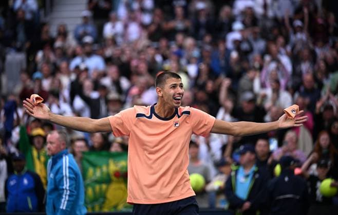TENNIS AUSTRALIAN OPEN, Alexei Popyrin of Australia reacts after winning his second round match against Taylor Fritz of the USA at the 2023 Australian Open tennis tournament at Melbourne Park in Melbourne, Thursday, January 19, 2023. ( NO ARCHIVING, EDITORIAL USE ONLY, NO USE IN BOOKS WITHOUT CONSENT MELBOURNE VICTORIA AUSTRALIA  Copyright: xJAMESxROSSx 20230119001754224838
