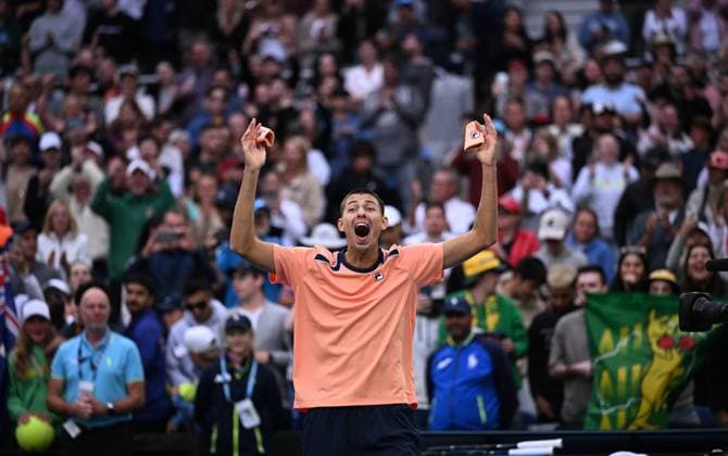 Sport Bilder des Tages TENNIS AUSTRALIAN OPEN, Alexei Popyrin of Australia reacts after winning his second round match against Taylor Fritz of the USA at the 2023 Australian Open tennis tournament at Melbourne Park in Melbourne, Thursday, January 19, 2023. ( NO ARCHIVING, EDITORIAL USE ONLY, NO USE IN BOOKS WITHOUT CONSENT MELBOURNE VICTORIA AUSTRALIA  Copyright: xJAMESxROSSx 20230119001754225412