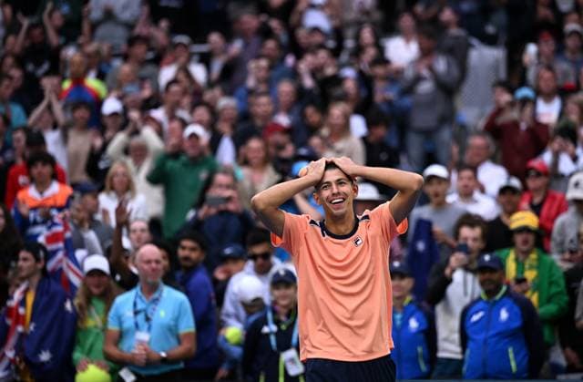 TENNIS AUSTRALIAN OPEN, Alexei Popyrin of Australia reacts after winning his second round match against Taylor Fritz of the USA at the 2023 Australian Open tennis tournament at Melbourne Park in Melbourne, Thursday, January 19, 2023. ( NO ARCHIVING, EDITORIAL USE ONLY, NO USE IN BOOKS WITHOUT CONSENT MELBOURNE VICTORIA AUSTRALIA  Copyright: xJAMESxROSSx 20230119001754227027
