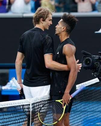 Alexander Zverev congratulates winner Michael Mmoh, Australian Open 2023, Melbourne Park, Melbourne, Victoria, Australia Copyright: xJuergenxHasenkopfx