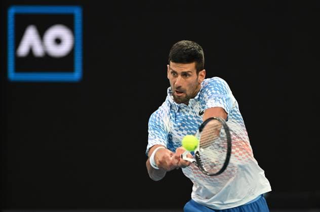 Sport Bilder des Tages TENNIS AUSTRALIAN OPEN, Novak Djokorvic of Serbia returns during his second round match against Enzo Couacaud of France during the 2023 Australian Open tennis tournament at Melbourne Park in Melbourne, Thursday, January 19, 2023. ( NO ARCHIVING, EDITORIAL USE ONLY, NO USE IN BOOKS WITHOUT CONSENT MELBOURNE VICTORIA AUSTRALIA  Copyright: xLUKASxCOCHx 20230119001754248711