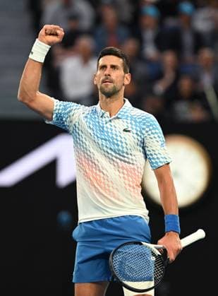 TENNIS AUSTRALIAN OPEN, Novak Djokorvic of Serbia reacts during his second round match against Enzo Couacaud of France during the 2023 Australian Open tennis tournament at Melbourne Park in Melbourne, Thursday, January 19, 2023. ( NO ARCHIVING, EDITORIAL USE ONLY, NO USE IN BOOKS WITHOUT CONSENT MELBOURNE VICTORIA AUSTRALIA  Copyright: xLUKASxCOCHx 20230119001754249894