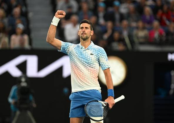 TENNIS AUSTRALIAN OPEN, Novak Djokorvic of Serbia reacts during his second round match against Enzo Couacaud of France during the 2023 Australian Open tennis tournament at Melbourne Park in Melbourne, Thursday, January 19, 2023. ( NO ARCHIVING, EDITORIAL USE ONLY, NO USE IN BOOKS WITHOUT CONSENT MELBOURNE VICTORIA AUSTRALIA  Copyright: xLUKASxCOCHx 20230119001754250125