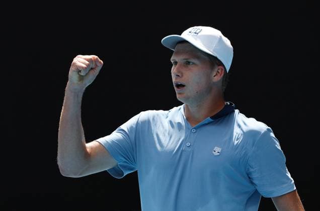 (230119) -- MELBOURNE, Jan. 19, 2023 -- Jenson Brooksby of the United States celebrates after the men s singles second round match against Casper Ruud of Norway at Australian Open tennis tournament in Melbourne, Australia, on Jan. 19, 2023. ) (SP)AUSTRALIA-MELBOURNE-TENNIS-AUSTRALIAN OPEN-DAY 4 BaixXuefei 