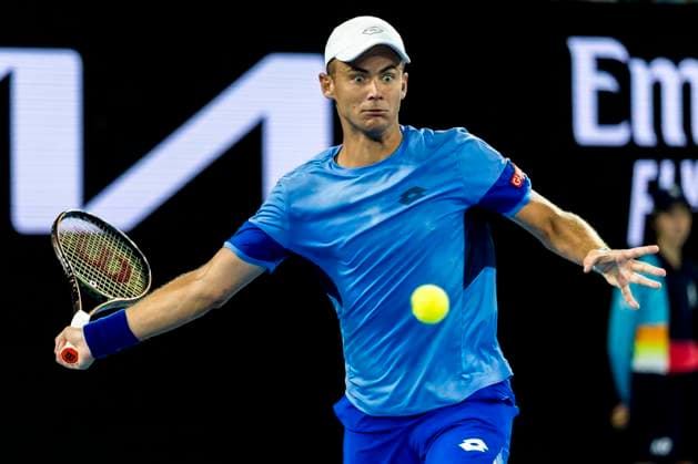 MELBOURNE, VIC - JANUARY 19: Enzo Couacaud of France in action during Round 2 of the 2023 Australian Open on January 19 2023, at Melbourne Park in Melbourne, Australia. (Photo by Jason Heidrich Icon Sportswire) TENNIS: JAN 19 Australian Open Icon220119211