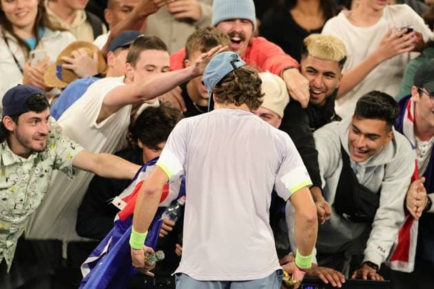 Fans react after Alex de Minaur of Australia defeats Adrian Mannarino of France 7-6 4-6 6-4 6-1 during round 2 match Day 4 at the Australian Open Tennis 2023 at John Cain Arena, Melbourne, Australia on 19 January 2023. Copyright: xPeterxDovganx 34781073