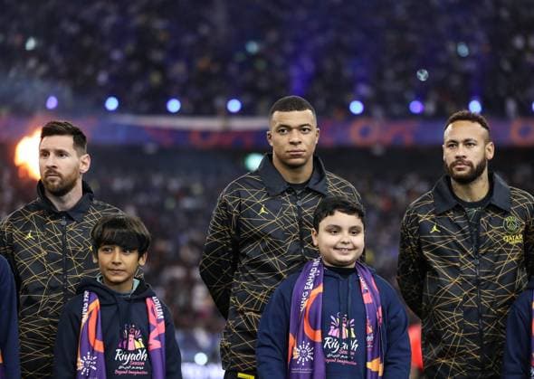 Riyadh All-Star XI vs Paris Saint-Germain FC Lionel Messi, Kylian Mbappe and Neymar Jr look on prior the Riyadh All-Star XI vs Paris Saint-Germain FC at King Fahd Stadium on January 19, 2023 in Riyadh, Saudi Arabia. Riyadh King Fahd Stadium Saudi Arabia  Copyright: xStringerx 2023.01.19_PSI03235.GS.WEST_HOA_001803