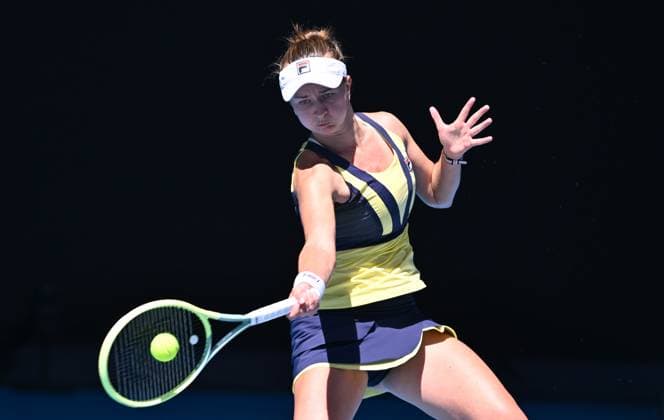 TENNIS AUSTRALIAN OPEN, Barbora Krejcikova of the Czech Republic returns to Anhelina Kalinina of Ukraine during their third round match at the 2023 Australian Open tennis tournament at Melbourne Park in Melbourne, Friday, January 20, 2023. ( NO ARCHIVING, EDITORIAL USE ONLY, NO USE IN BOOKS WITHOUT CONSENT MELBOURNE VICTORIA AUSTRALIA  Copyright: xJOELxCARRETTx 20230120001754524444