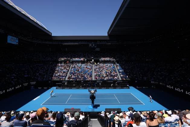 TENNIS AUSTRALIAN OPEN, A general view of Stefanos Tsitsipas of Greece in action during his third round match against Tallon Griekspoor of the Netherland on Rod Laver Arena during the 2023 Australian Open tennis tournament at Melbourne Park in Melbourne, Friday, January 20, 2023. ( NO ARCHIVING, EDITORIAL USE ONLY, NO USE IN BOOKS WITHOUT CONSENT MELBOURNE VICTORIA AUSTRALIA  Copyright: xDIEGOxFEDELEx 20230120001754575799