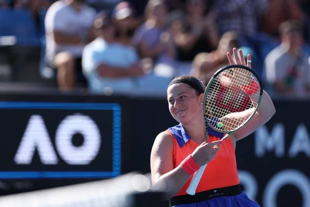 TENNIS AUSTRALIAN OPEN, Jelena Ostapenko of Latvia celebrates match point during her match agaisnt Kateryna Baindl of Ukraine during the 2023 Australian Open tennis tournament at Melbourne Park in Melbourne, Friday, January 20, 2023. ( NO ARCHIVING, EDITORIAL USE ONLY, NO USE IN BOOKS WITHOUT CONSENT MELBOURNE VICTORIA AUSTRALIA  Copyright: xDIEGOxFEDELEx 20230120001754629907