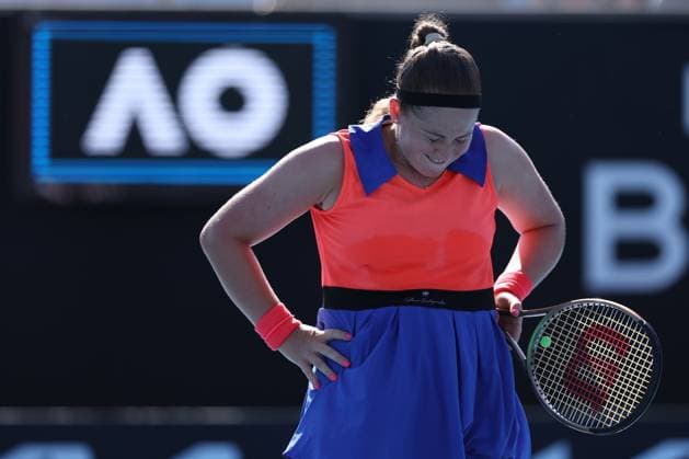 TENNIS AUSTRALIAN OPEN, Jelena Ostapenko of Latvia celebrates match point during her match agaisnt Kateryna Baindl of Ukraine during the 2023 Australian Open tennis tournament at Melbourne Park in Melbourne, Friday, January 20, 2023. ( NO ARCHIVING, EDITORIAL USE ONLY, NO USE IN BOOKS WITHOUT CONSENT MELBOURNE VICTORIA AUSTRALIA  Copyright: xDIEGOxFEDELEx 20230120001754630771