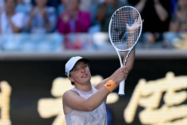 TENNIS AUSTRALIAN OPEN, Iga Swiatek of Poland celebrates match point during her match against Cristina Bucsa of Spain during the 2023 Australian Open tennis tournament at Melbourne Park in Melbourne, Friday, January 20, 2023. ( NO ARCHIVING, EDITORIAL USE ONLY, NO USE IN BOOKS WITHOUT CONSENT MELBOURNE VICTORIA AUSTRALIA  Copyright: xLUKASxCOCHx 20230120001754631626