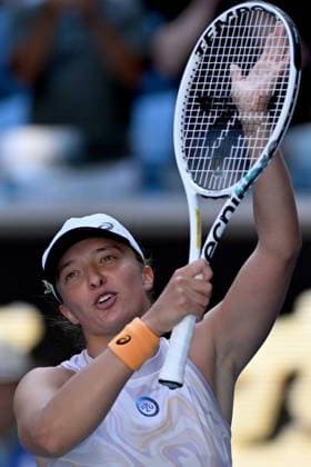 TENNIS AUSTRALIAN OPEN, Iga Swiatek of Poland celebrates match point during her match against Cristina Bucsa of Spain during the 2023 Australian Open tennis tournament at Melbourne Park in Melbourne, Friday, January 20, 2023. ( NO ARCHIVING, EDITORIAL USE ONLY, NO USE IN BOOKS WITHOUT CONSENT MELBOURNE VICTORIA AUSTRALIA  Copyright: xLUKASxCOCHx 20230120001754631715