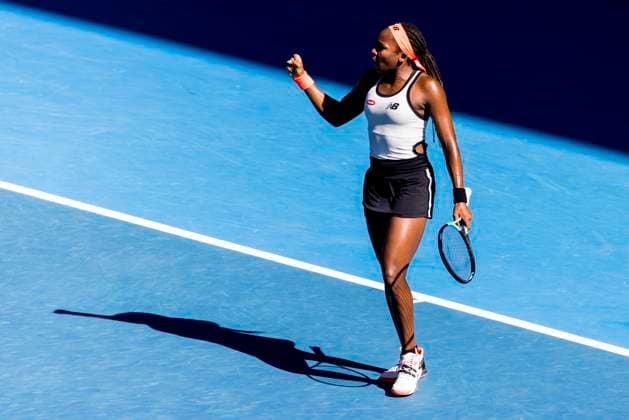 MELBOURNE, VIC - JANUARY 20: Coco Gauff of the United States of America celebrates during Round 3 of the 2023 Australian Open on January 20 2023, at Melbourne Park in Melbourne, Australia. (Photo by Jason Heidrich Icon Sportswire) TENNIS: JAN 20 Australian Open Icon230120122