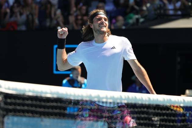 Stefanos Tsitsipas of Greece celebrates defeating Talon Griekspoor of Netherlands in straight sets 6-2 7-6 6-3 in the round 3 match between Stefanos Tsitsipas of Greece and Talon Griekspoor of Netherlands Day 5 at the Australian Open Tennis 2023 at Rod Laver Arena, Melbourne, Australia on 20 January 2023. Copyright: xPeterxDovganx 34781153