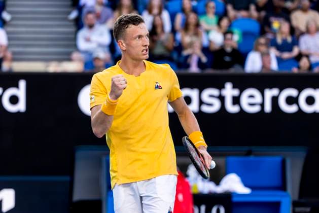 MELBOURNE, VIC - JANUARY 20: Juri Lehecka of the Czech Republic celebrates during Round 3 of the 2023 Australian Open on January 20 2023, at Melbourne Park in Melbourne, Australia. (Photo by Jason Heidrich Icon Sportswire) TENNIS: JAN 20 Australian Open Icon230120159