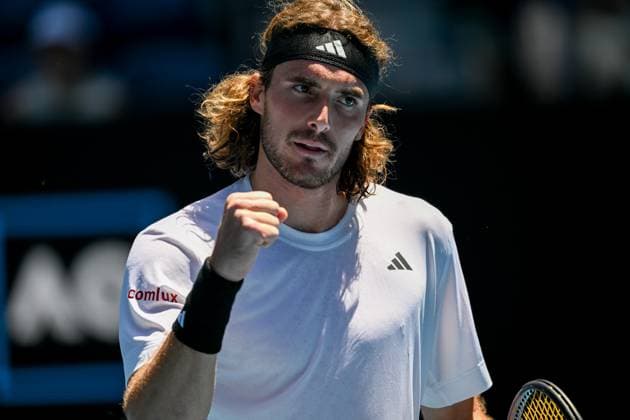 (230120) -- MELBOURNE, Jan. 20, 2023 -- Stefanos Tsitsipas of Greece reacts during the men s singles third round match against Tallon Griekspoor of the Netherlands at Australian Open tennis tournament in Melbourne, Australia, on Jan. 20, 2023. ) (SP)AUSTRALIA-MELBOURNE-TENNIS-AUSTRALIAN OPEN-DAY 5 GuoxLei 