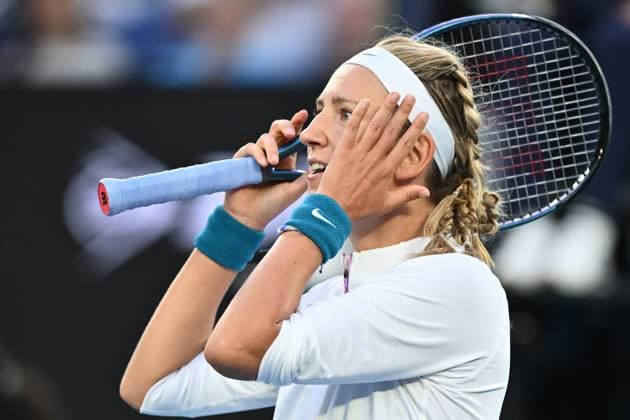 TENNIS AUSTRALIAN OPEN, Victoria Azarenka reacts during her match against Madison Keys of the USA during the 2023 Australian Open tennis tournament at Melbourne Park in Melbourne, Friday, January 20, 2023. ( NO ARCHIVING, EDITORIAL USE ONLY, NO USE IN BOOKS WITHOUT CONSENT MELBOURNE VICTORIA AUSTRALIA  Copyright: xJOELxCARRETTx 20230120001754680265