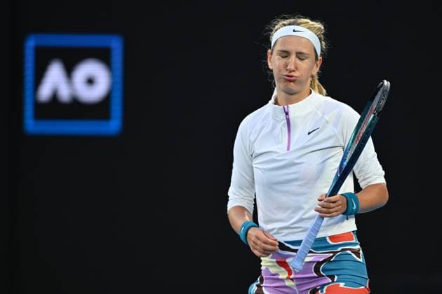 TENNIS AUSTRALIAN OPEN, Victoria Azarenka reacts during her match against Madison Keys of the USA during the 2023 Australian Open tennis tournament at Melbourne Park in Melbourne, Friday, January 20, 2023. ( NO ARCHIVING, EDITORIAL USE ONLY, NO USE IN BOOKS WITHOUT CONSENT MELBOURNE VICTORIA AUSTRALIA  Copyright: xJOELxCARRETTx 20230120001754681517