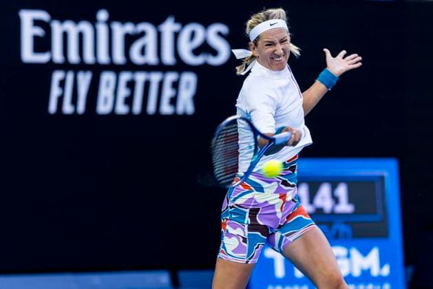 MELBOURNE, VIC - JANUARY 20: Victoria Azarenka of Belarus in action during Round 3 of the 2023 Australian Open on January 20 2023, at Melbourne Park in Melbourne, Australia. (Photo by Jason Heidrich Icon Sportswire) TENNIS: JAN 20 Australian Open Icon230120166
