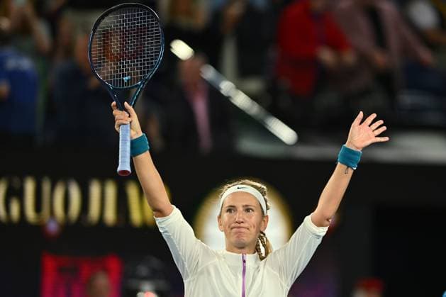 TENNIS AUSTRALIAN OPEN, Victoria Azarenka celebrates her win against Madison Keys of the USA during the 2023 Australian Open tennis tournament at Melbourne Park in Melbourne, Friday, January 20, 2023. ( NO ARCHIVING, EDITORIAL USE ONLY, NO USE IN BOOKS WITHOUT CONSENT MELBOURNE VICTORIA AUSTRALIA  Copyright: xJOELxCARRETTx 20230120001754700388