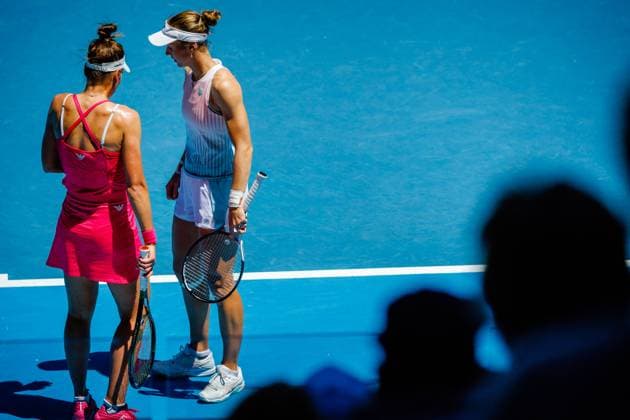 Russian Liudmila Samsonova and Russian Veronika Kudermetova pictured during a women s doubles first round game between Belgian-Us pair Mertens-Hunter and Russian pair Kudermetova-Samsonova at the Australian Open tennis Grand Slam, Friday 20 January 2023 in Melbourne Park, Melbourne, Australia. PATRICKxHAMILTON  x58556635x