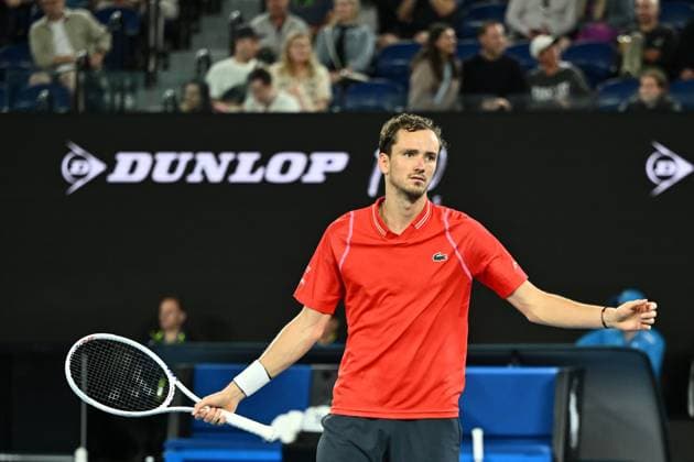 TENNIS AUSTRALIAN OPEN, Daniil Medvedev reacts during his match against Sebastian Korda of the USA during the 2023 Australian Open tennis tournament at Melbourne Park in Melbourne, Friday, January 20, 2023. ( NO ARCHIVING, EDITORIAL USE ONLY, NO USE IN BOOKS WITHOUT CONSENT MELBOURNE VICTORIA AUSTRALIA  Copyright: xJOELxCARRETTx 20230120001754745643