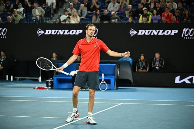 TENNIS AUSTRALIAN OPEN, Daniil Medvedev reacts during his match against Sebastian Korda of the USA during the 2023 Australian Open tennis tournament at Melbourne Park in Melbourne, Friday, January 20, 2023. ( NO ARCHIVING, EDITORIAL USE ONLY, NO USE IN BOOKS WITHOUT CONSENT MELBOURNE VICTORIA AUSTRALIA  Copyright: xJOELxCARRETTx 20230120001754745757