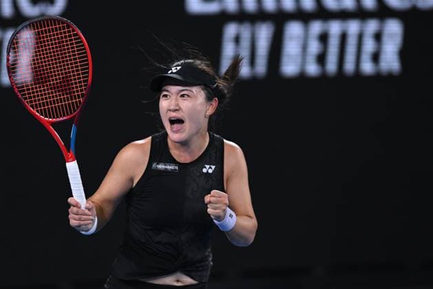 TENNIS AUSTRALIAN OPEN, Lin Zhu of China celebrates after winning the first set during her match against Maria Sakkari of Greece during the 2023 Australian Open tennis tournament at Melbourne Park in Melbourne, Friday, January 20, 2023. ( NO ARCHIVING, EDITORIAL USE ONLY, NO USE IN BOOKS WITHOUT CONSENT MELBOURNE VICTORIA AUSTRALIA  Copyright: xLUKASxCOCHx 20230121001754755498