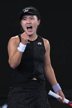 TENNIS AUSTRALIAN OPEN, Lin Zhu of China celebrates after winning the first set during her match against Maria Sakkari of Greece during the 2023 Australian Open tennis tournament at Melbourne Park in Melbourne, Friday, January 20, 2023. ( NO ARCHIVING, EDITORIAL USE ONLY, NO USE IN BOOKS WITHOUT CONSENT MELBOURNE VICTORIA AUSTRALIA  Copyright: xLUKASxCOCHx 20230121001754756073