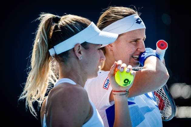 Belgian Greet Minnen WTA, Tennis Damen 74) and French Anna Bondar ATP, Tennis Herren 50) pictured in action during a women s doubles second round game between Belgian-French pair Minnen-Bondarz and Swiss-Romanian pair Golubic-Niculescu at the Australian Open tennis Grand Slam, Friday 20 January 2023 in Melbourne Park, Melbourne, Australia. PATRICKxHAMILTON  x58562765x