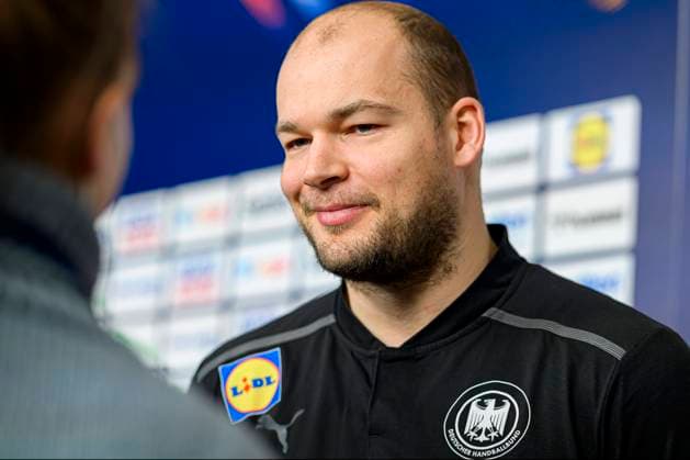 Katowice, 20 January 2023 Handball IHF World Championship, Main Round, Germany Press Conference Media Day Paul Drux Germany laughing smiling good mood grinning grinning Katowice Spodek Arena Poland