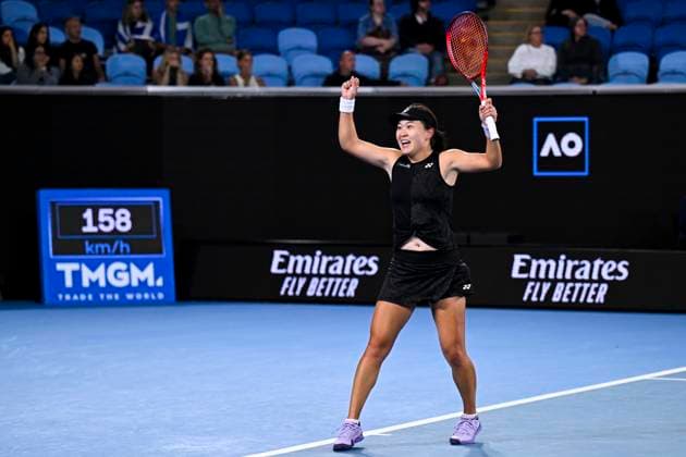 TENNIS AUSTRALIAN OPEN, Lin Zhu of China celebrates after winning her match against Maria Sakkari of Greece during the 2023 Australian Open tennis tournament at Melbourne Park in Melbourne, Friday, January 20, 2023. ( NO ARCHIVING, EDITORIAL USE ONLY, NO USE IN BOOKS WITHOUT CONSENT MELBOURNE VICTORIA AUSTRALIA  Copyright: xLUKASxCOCHx 20230121001754797939
