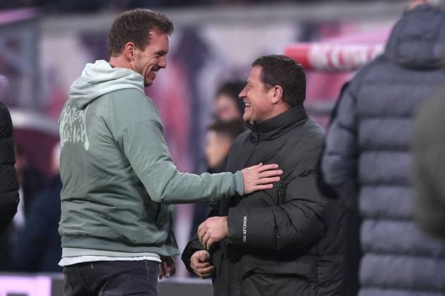 Soccer 1 Bundesliga 16 Matchday RB Leipzig FC Bayern Munich on 20 01 2023 at the Red Bull Arena in Leipzig Julian Nagelsmann coach head coach Munich , left Max Eberl Managing Director Sport Leipzig , right DFL regulations prohibit any use of photographs as image sequences and or quasi video xHDx